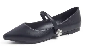 Feversole Women's Pointed Mary Jane Shoes Fashion Strap Buckle Slip On Flats Vegan Leather Flower Buckle