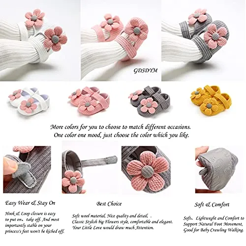 GDSDYM Baby Girls Mary Jane Flats with Flowers Princess Wedding Dress Shoes Soft Newborn Infant Crib First Walker Prewalker