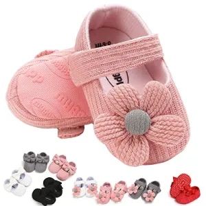 GDSDYM Baby Girls Mary Jane Flats with Flowers Princess Wedding Dress Shoes Soft Newborn Infant Crib First Walker Prewalker