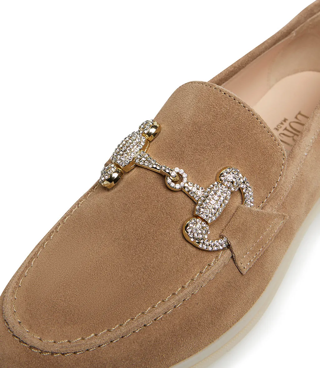 Jewel-buckle honey-tone suede loafers with Jewel buckle