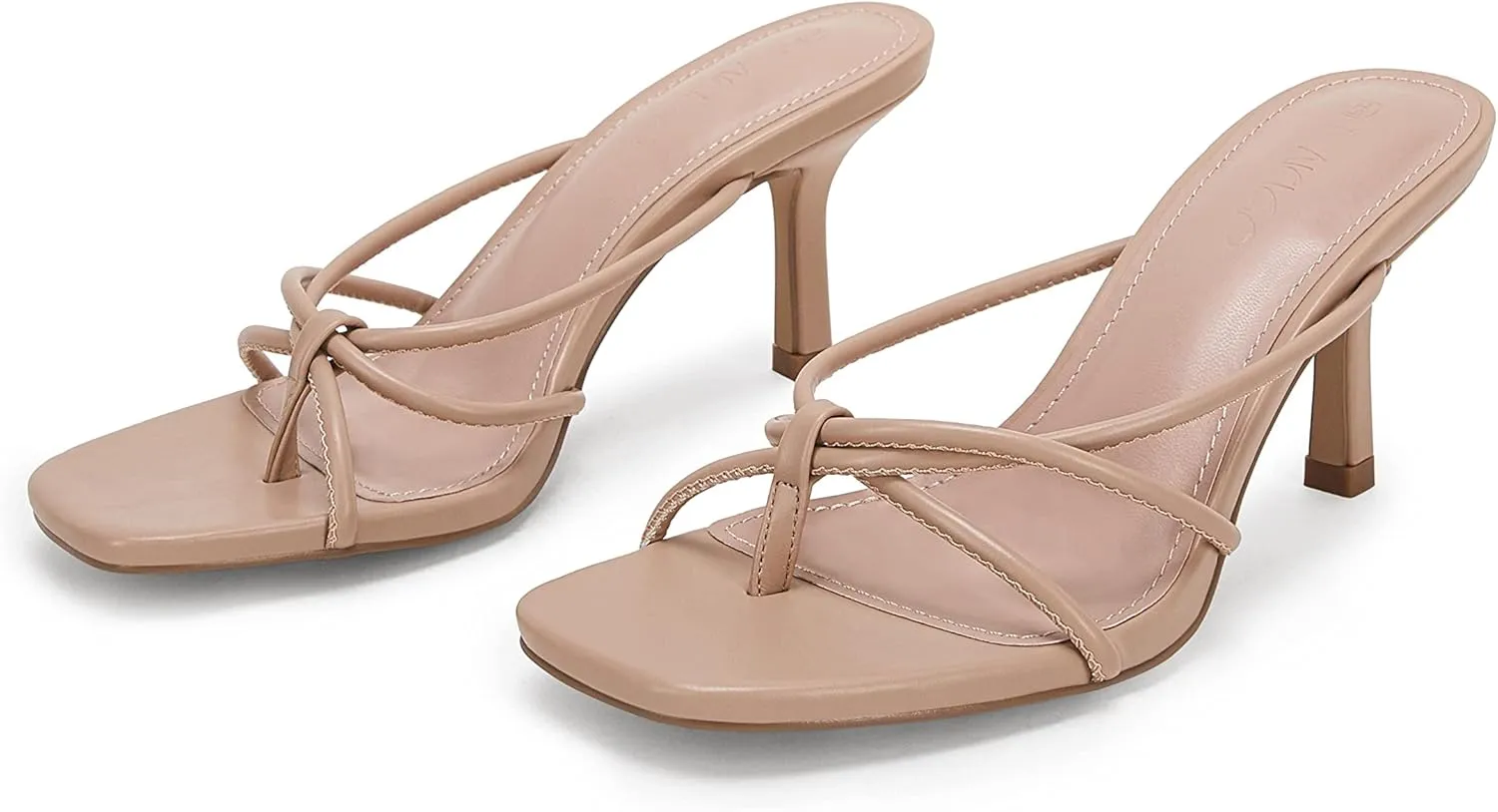 LAICIGO Women??s Square Open Toe Flip Flops Stiletto Heels Strappy Thong Slide on Slingback Mules Sandals