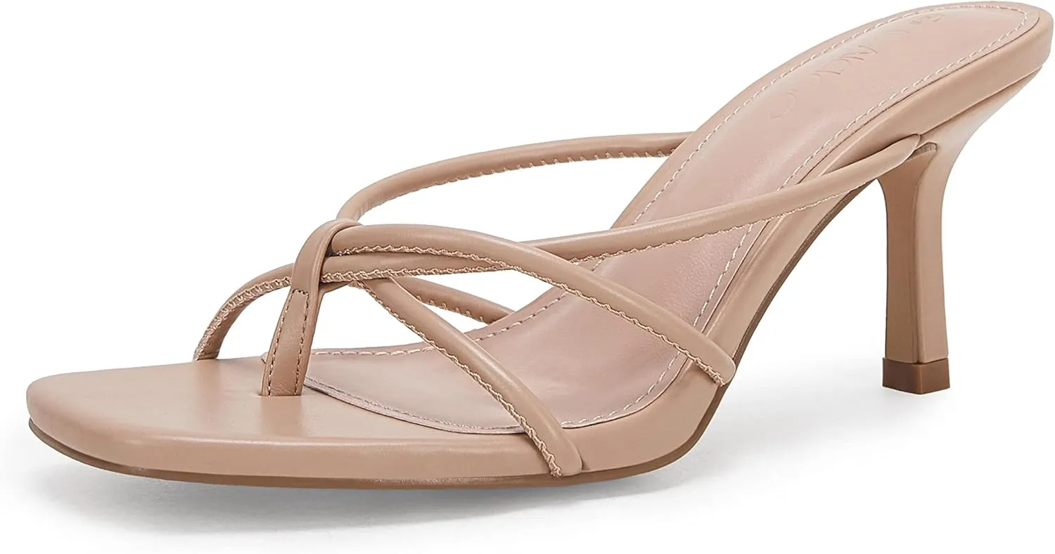 LAICIGO Women??s Square Open Toe Flip Flops Stiletto Heels Strappy Thong Slide on Slingback Mules Sandals