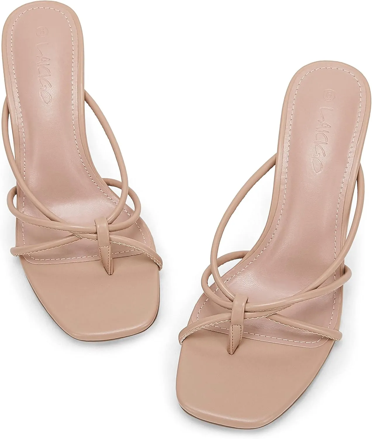 LAICIGO Women??s Square Open Toe Flip Flops Stiletto Heels Strappy Thong Slide on Slingback Mules Sandals
