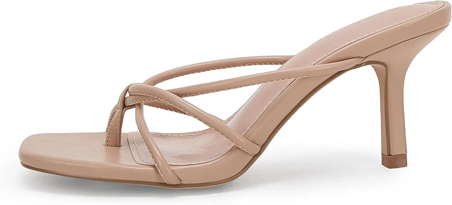 LAICIGO Women??s Square Open Toe Flip Flops Stiletto Heels Strappy Thong Slide on Slingback Mules Sandals