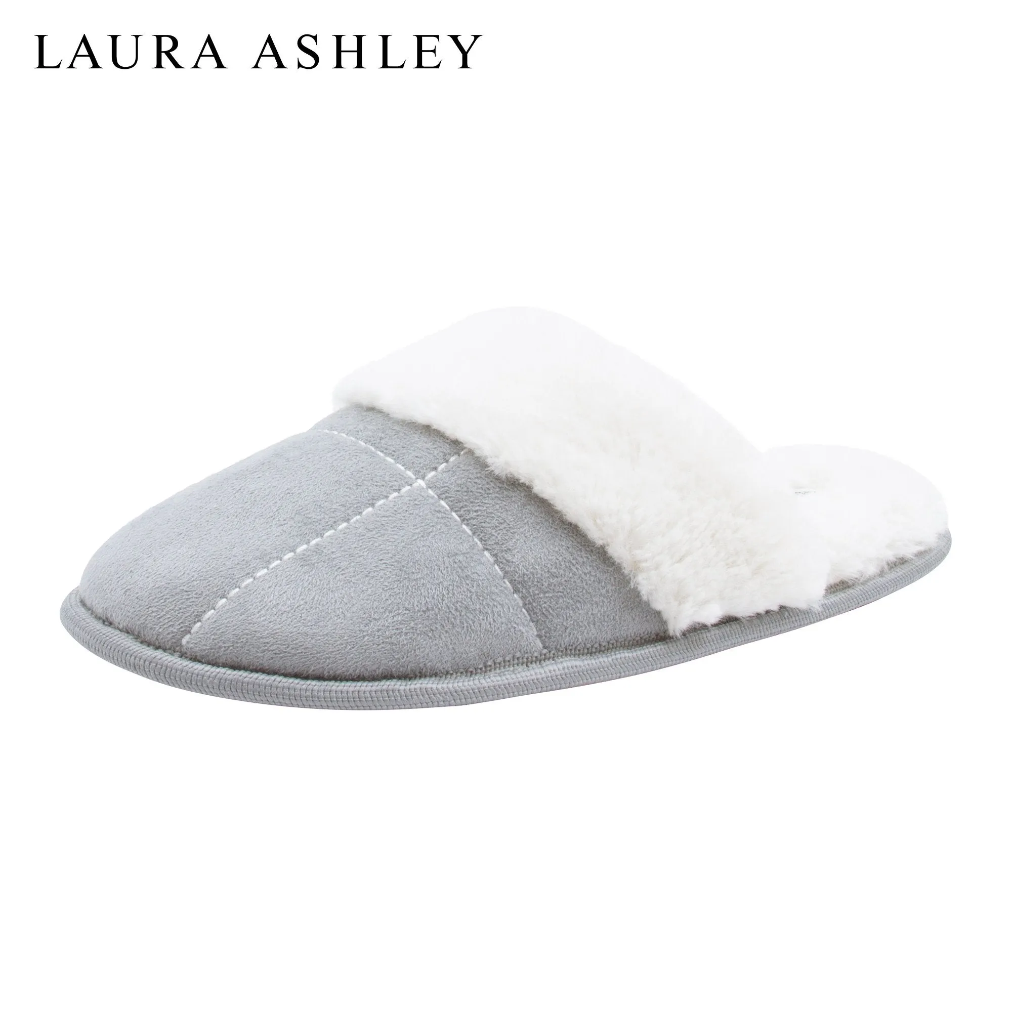 Laura Ashley Ladies Micro Suede Scuff Slipper with Plush Collar, Light Grey, M