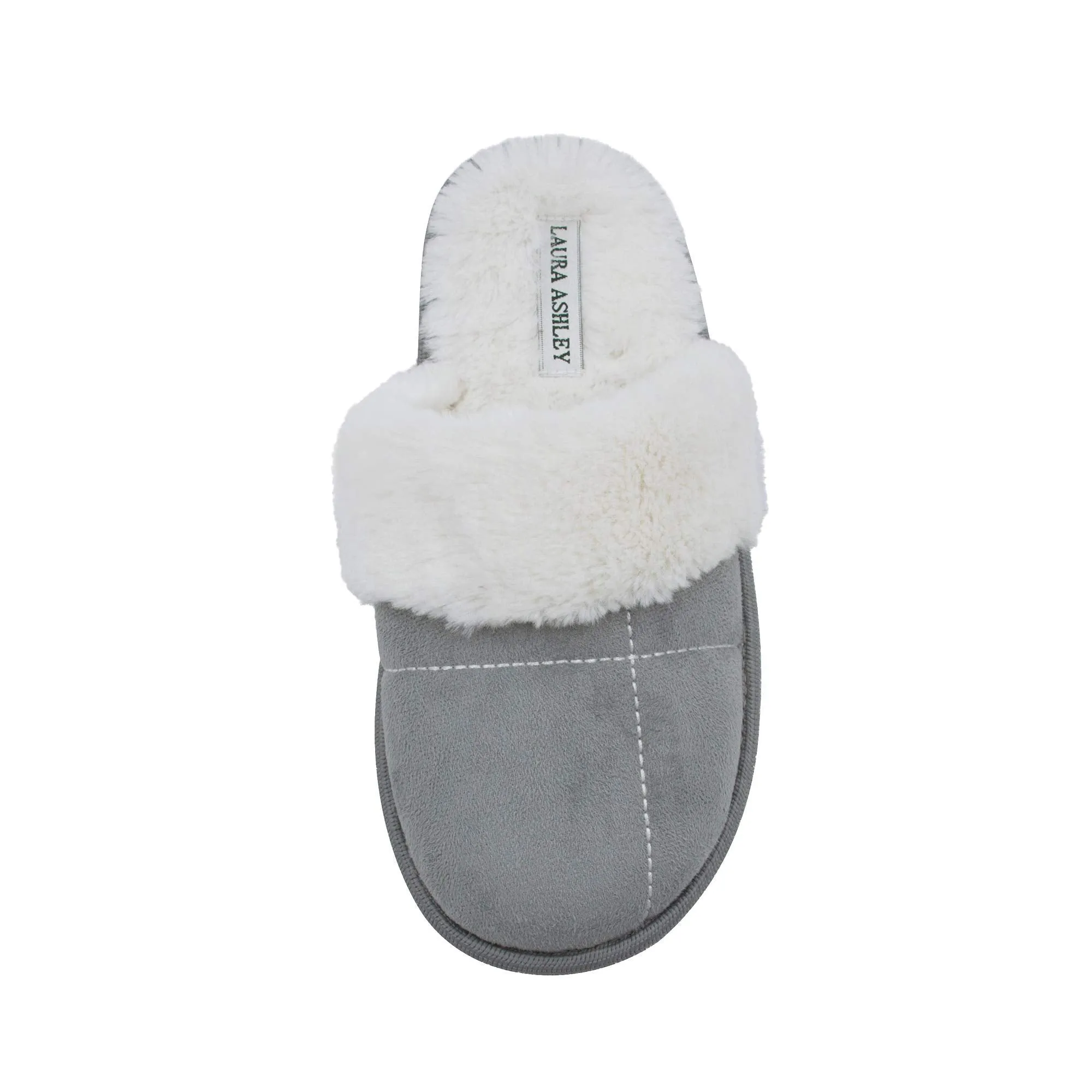 Laura Ashley Ladies Micro Suede Scuff Slipper with Plush Collar, Light Grey, M