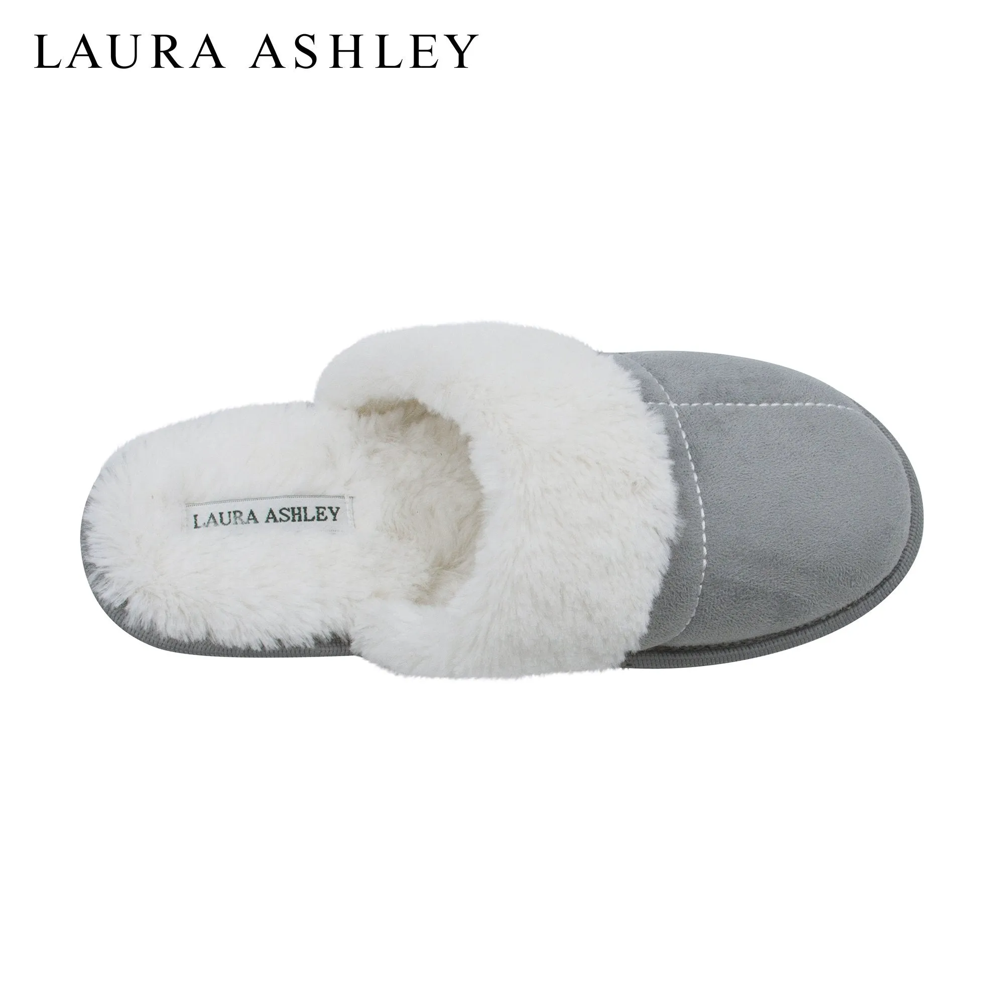 Laura Ashley Ladies Micro Suede Scuff Slipper with Plush Collar, Light Grey, M