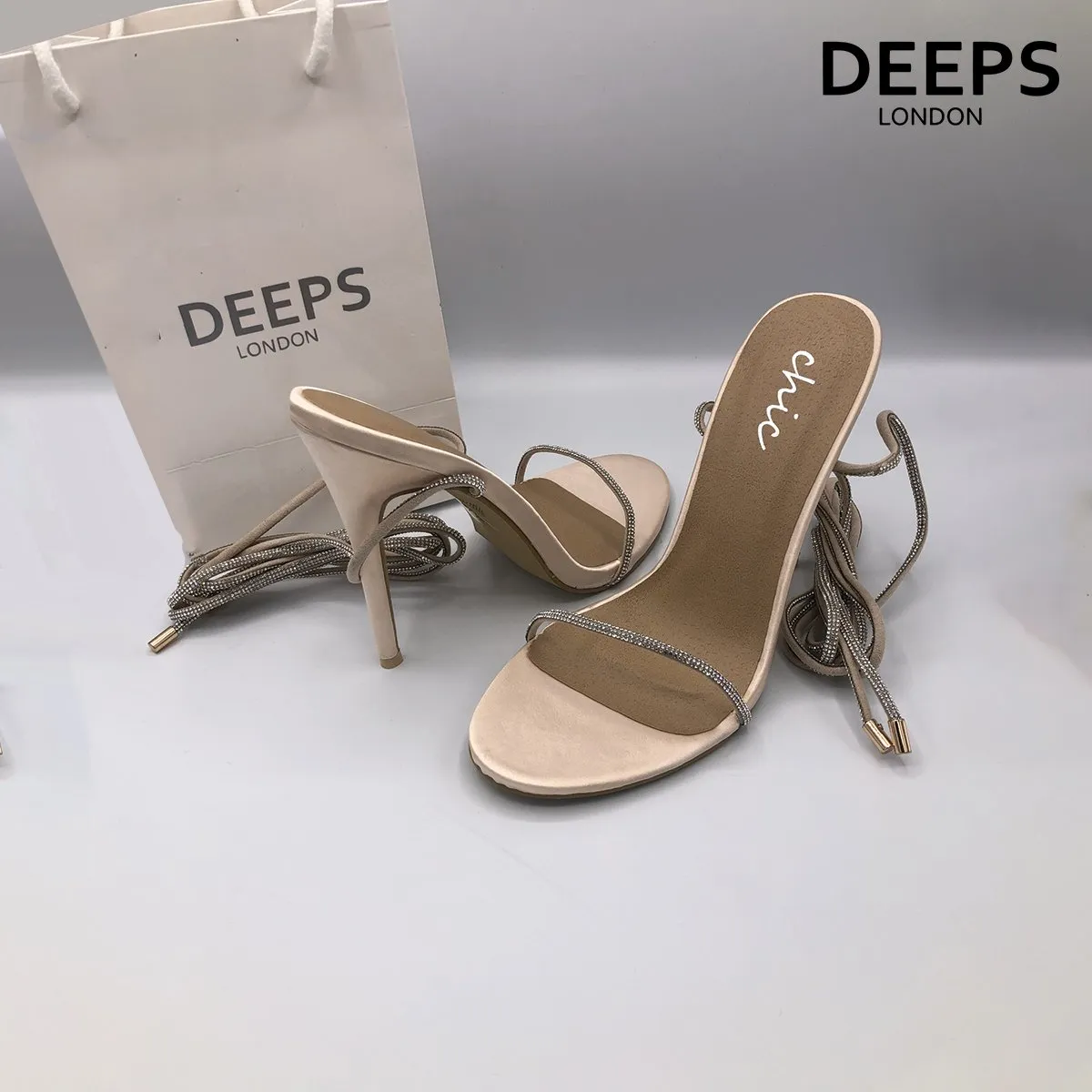 NOMI SATIN RHINESTONE LACE-UP HEELS CHAMPAGNE