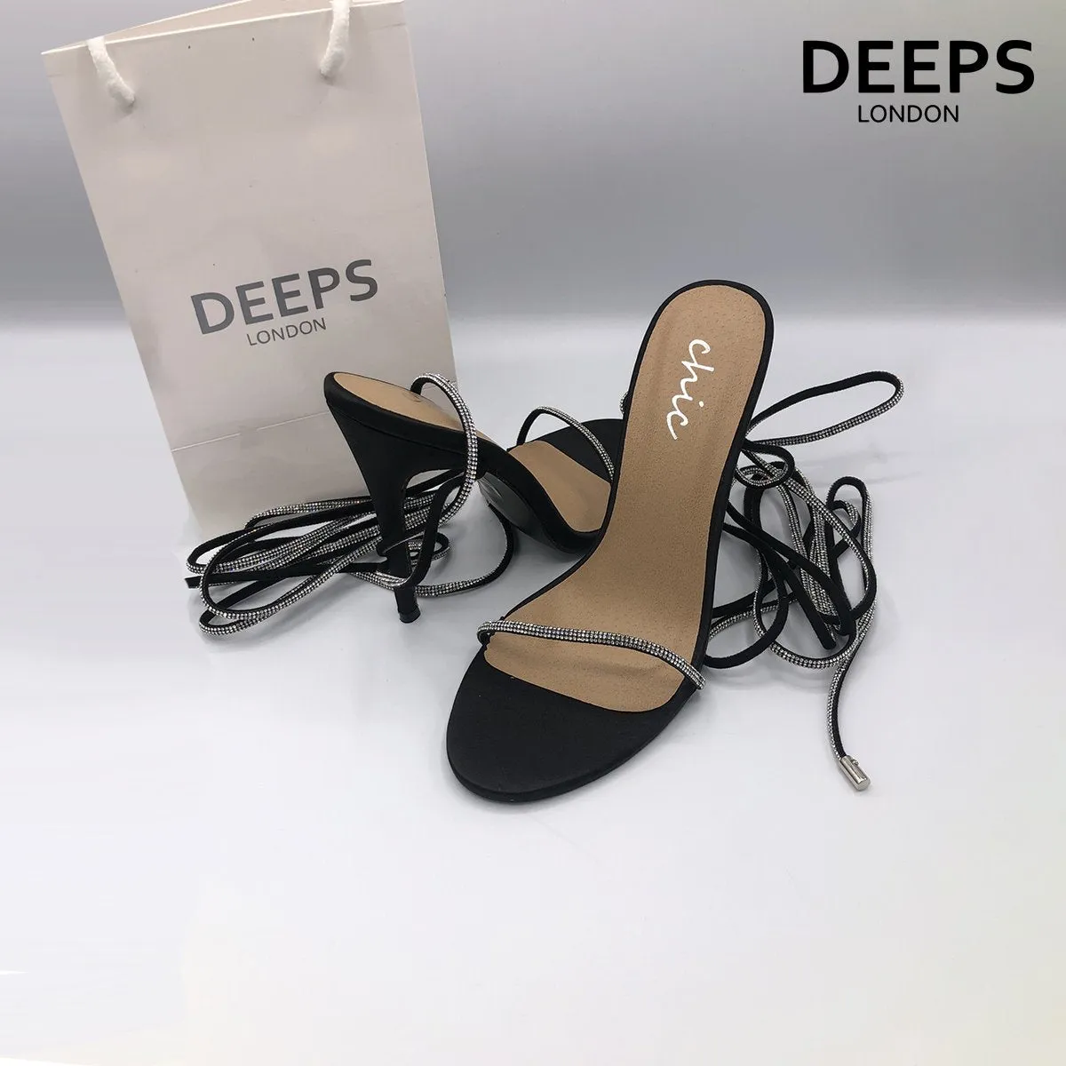 NOMI SATIN RHINESTONE LACE-UP HEELS CHAMPAGNE