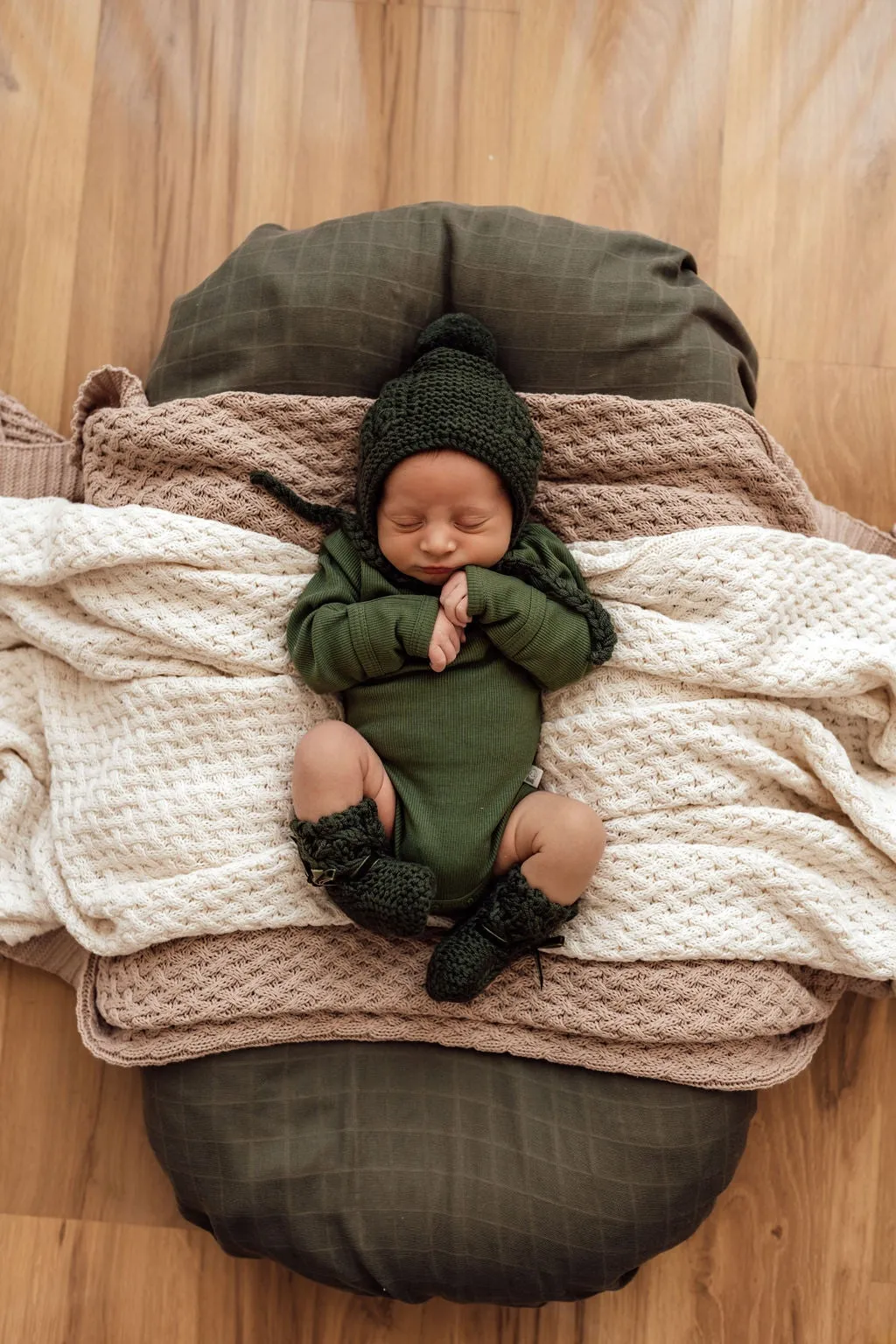 Olive Merino Wool Knit Bonnet & Booties