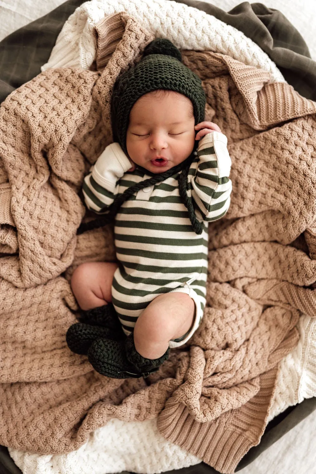 Olive Merino Wool Knit Bonnet & Booties