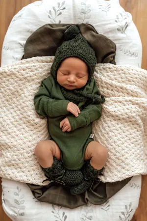 Olive Merino Wool Knit Bonnet & Booties