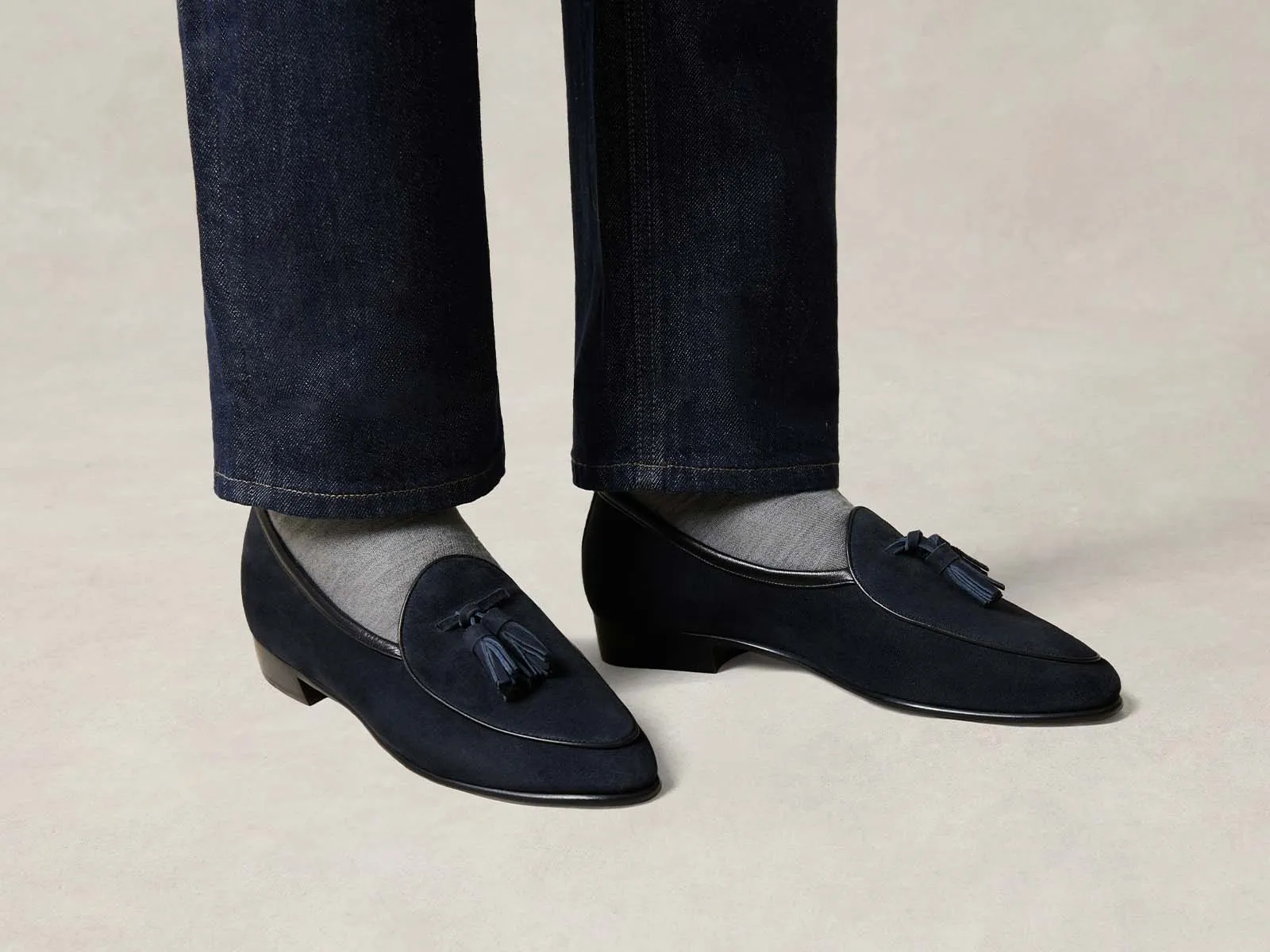 Sagan Classic Tassel Loafers in Midnight Navy Suede with Leather Sole