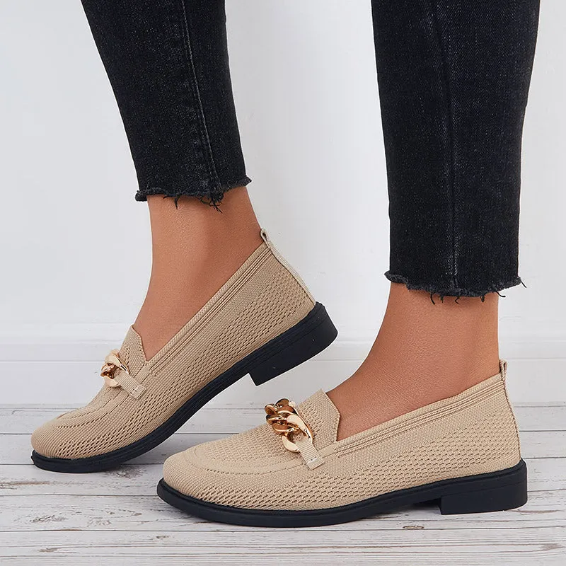Women Chain Decor Knit Loafers Slip on Block Low Heel Shoes