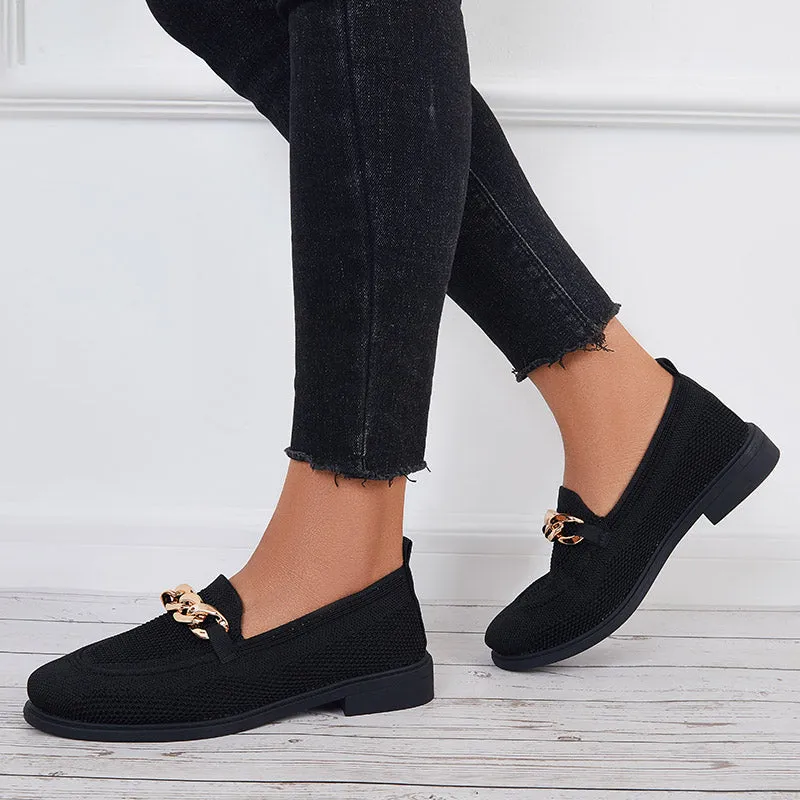 Women Chain Decor Knit Loafers Slip on Block Low Heel Shoes