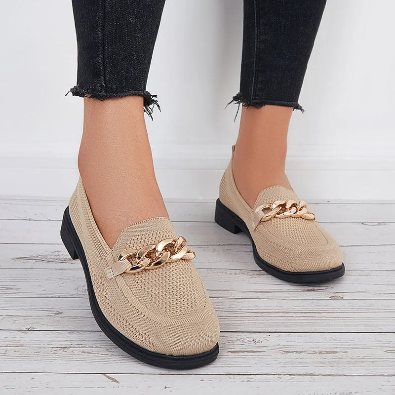 Women Chain Decor Knit Loafers Slip on Block Low Heel Shoes
