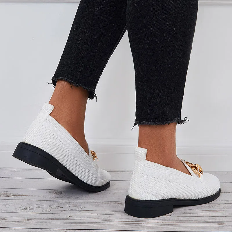 Women Chain Decor Knit Loafers Slip on Block Low Heel Shoes