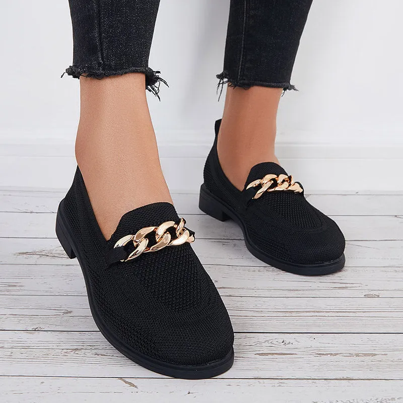 Women Chain Decor Knit Loafers Slip on Block Low Heel Shoes