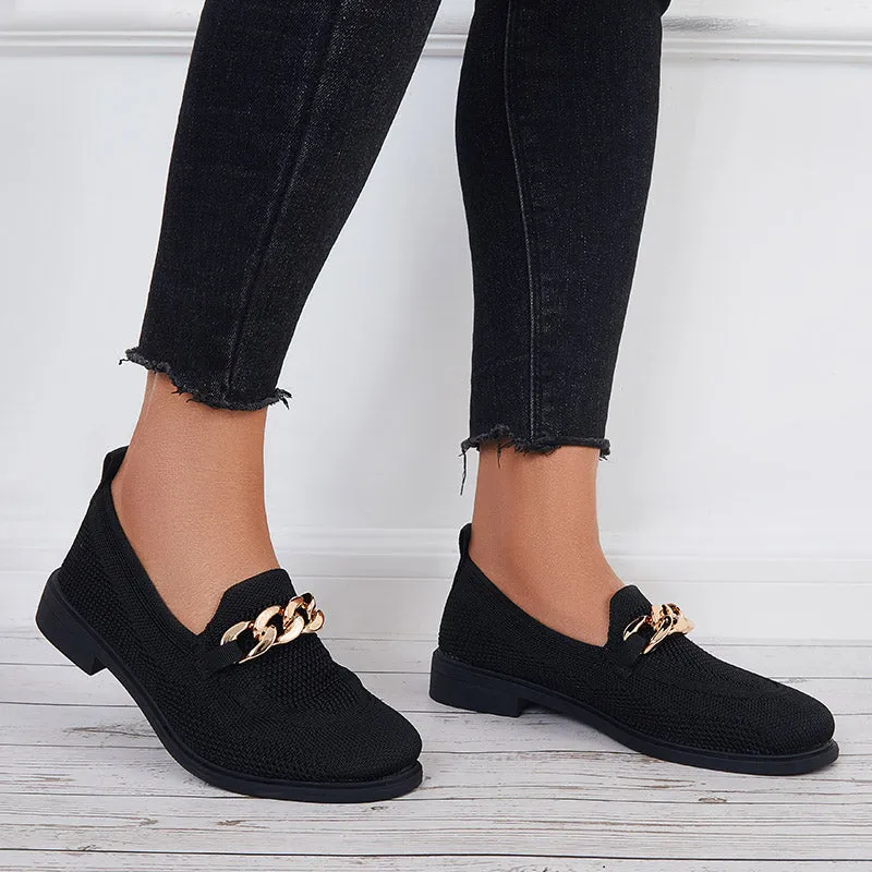 Women Chain Decor Knit Loafers Slip on Block Low Heel Shoes