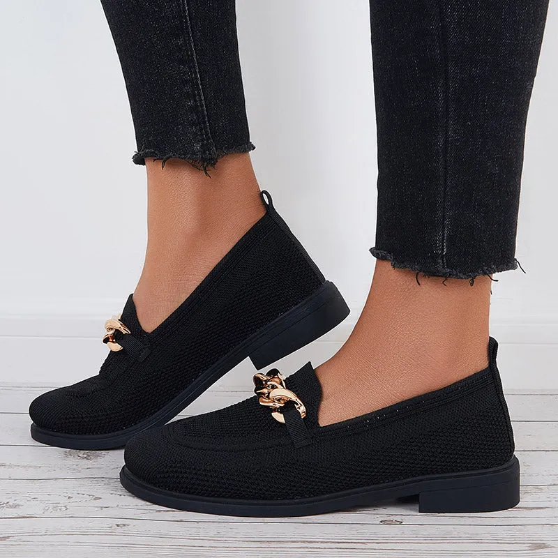 Women Chain Decor Knit Loafers Slip on Block Low Heel Shoes