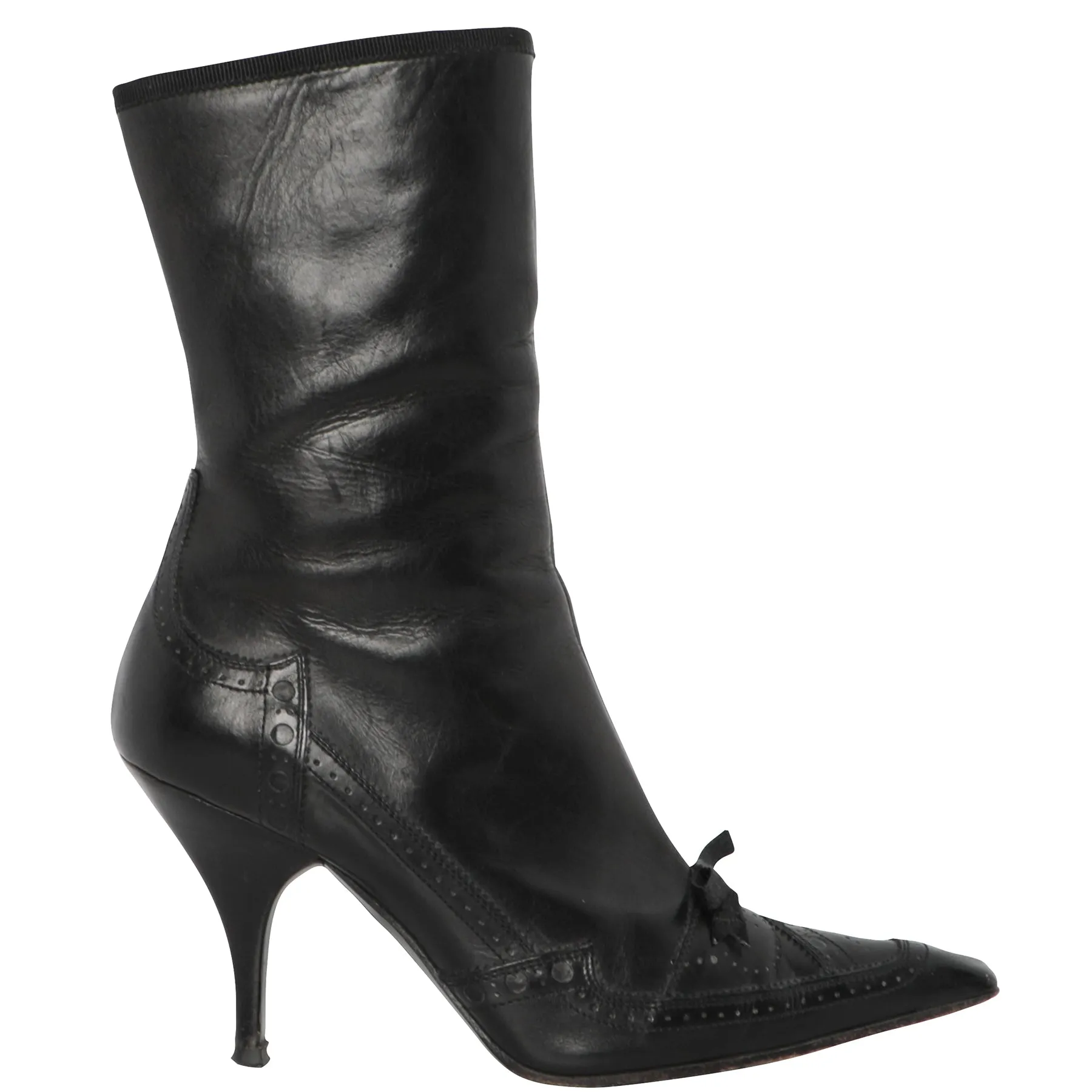 Y2K Prada Leather High Heel Bow Spectator Point Toe Boots 36