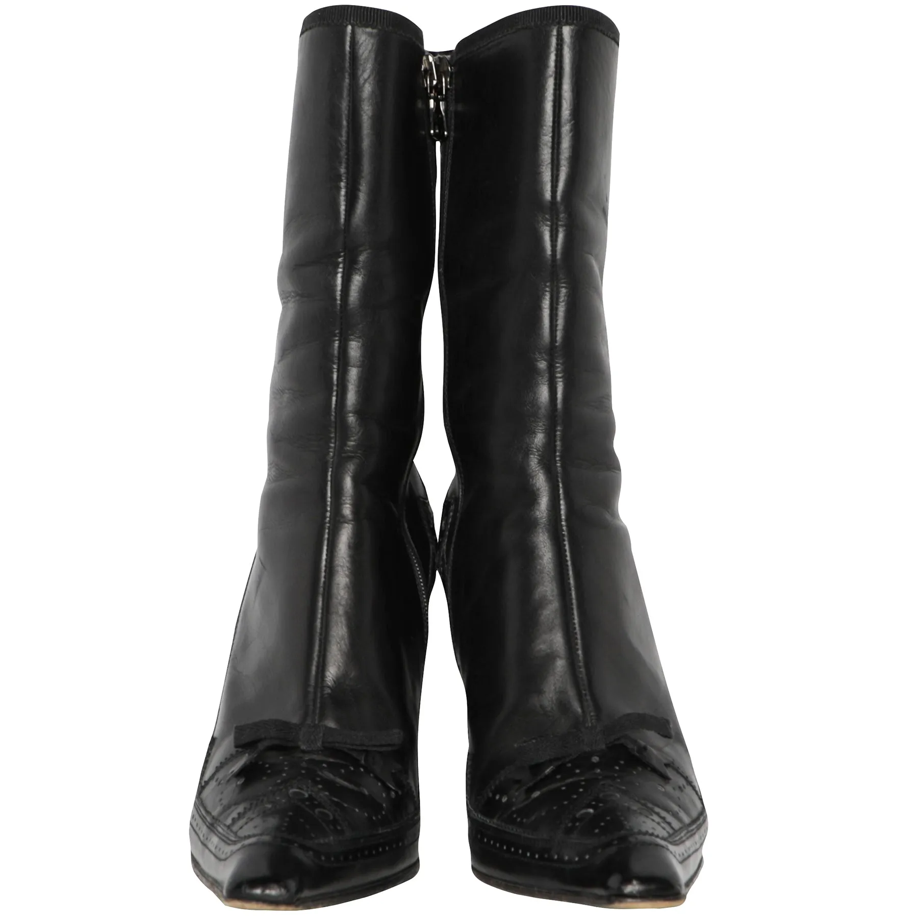 Y2K Prada Leather High Heel Bow Spectator Point Toe Boots 36