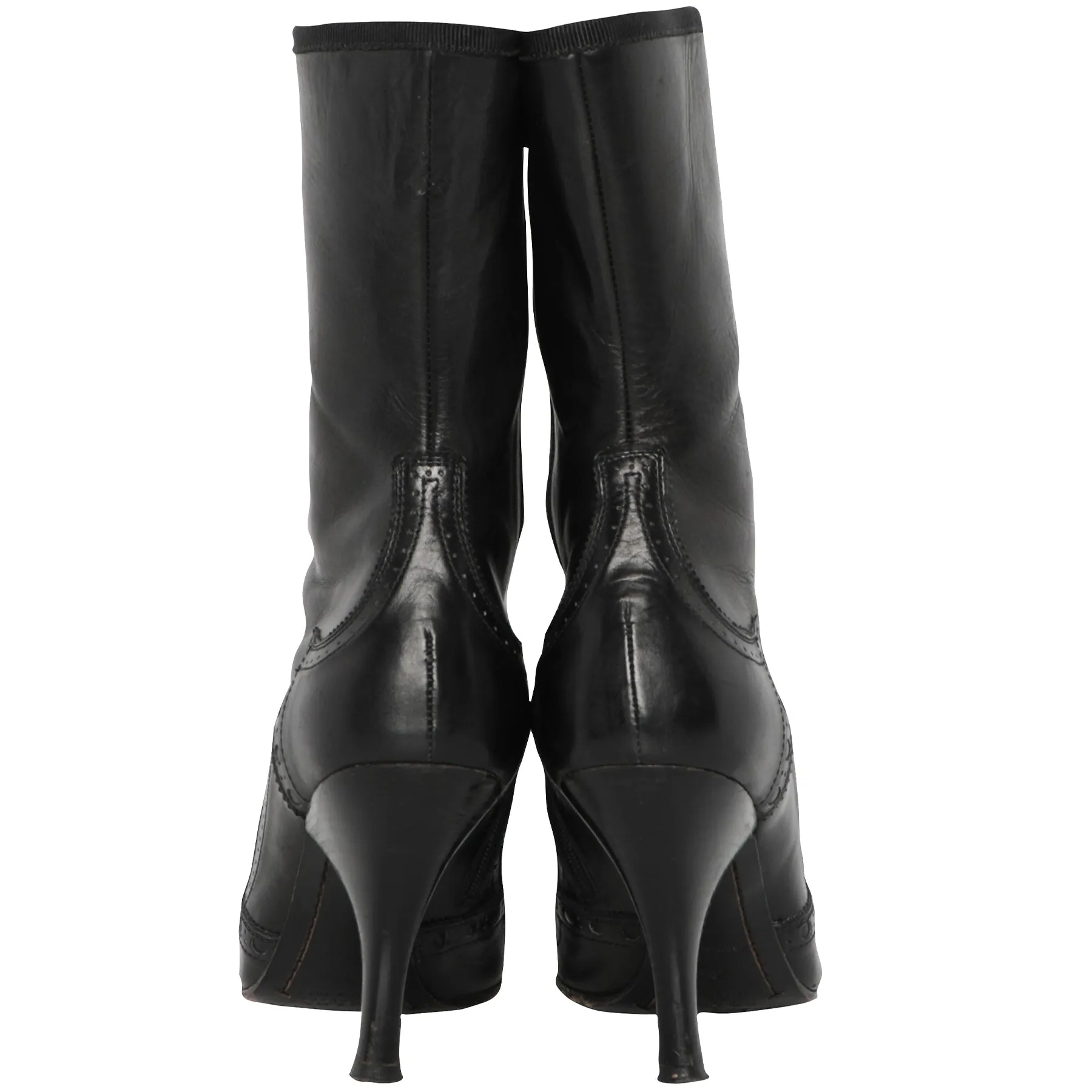 Y2K Prada Leather High Heel Bow Spectator Point Toe Boots 36