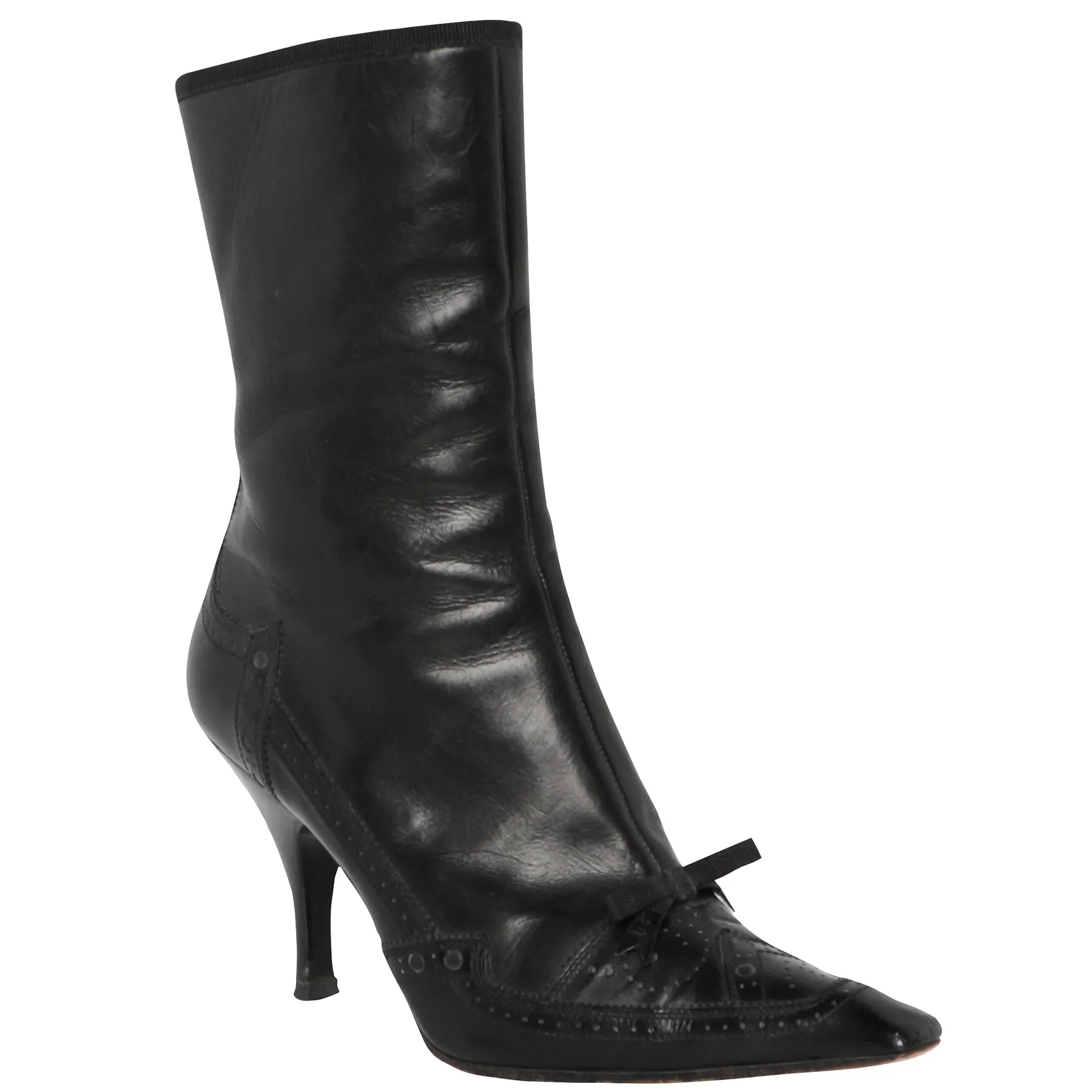 Y2K Prada Leather High Heel Bow Spectator Point Toe Boots 36